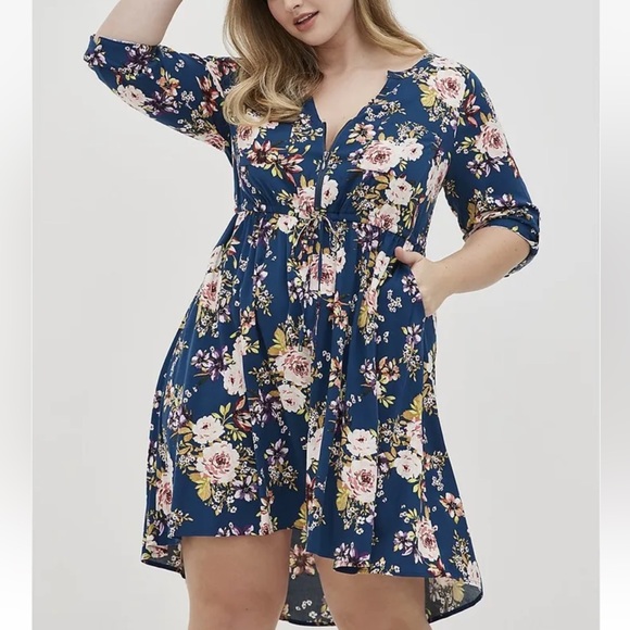 Torrid 2X Mini Challis High-Low Shirt Dress Floral Blue - Picture 1 of 11